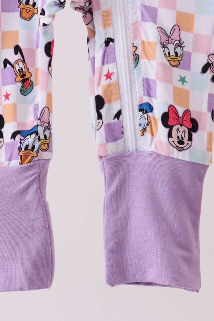 Premium Purple Character Print Checkered Bamboo Romper