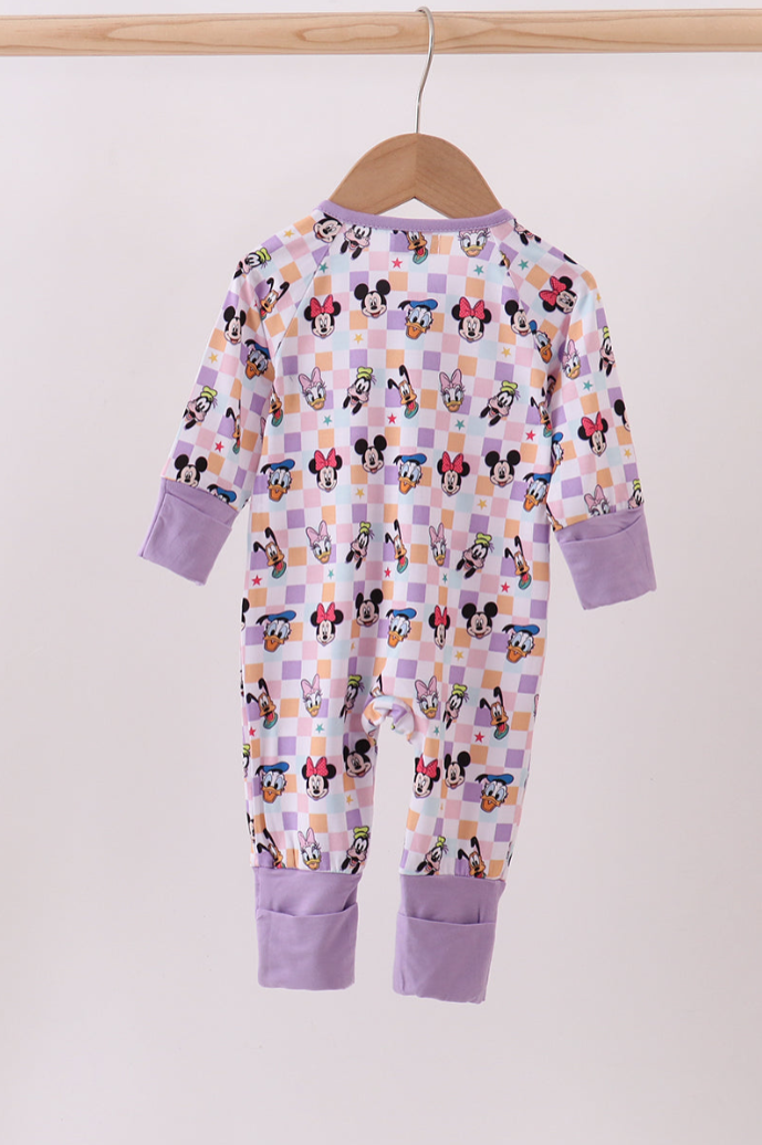 Premium Purple Character Print Checkered Bamboo Romper