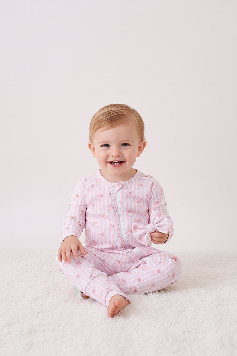 Premium Blush Bow Stripe Bamboo Romper