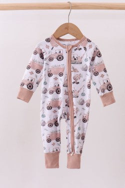 Khaki Crane Bamboo Pajama Zipper Romper