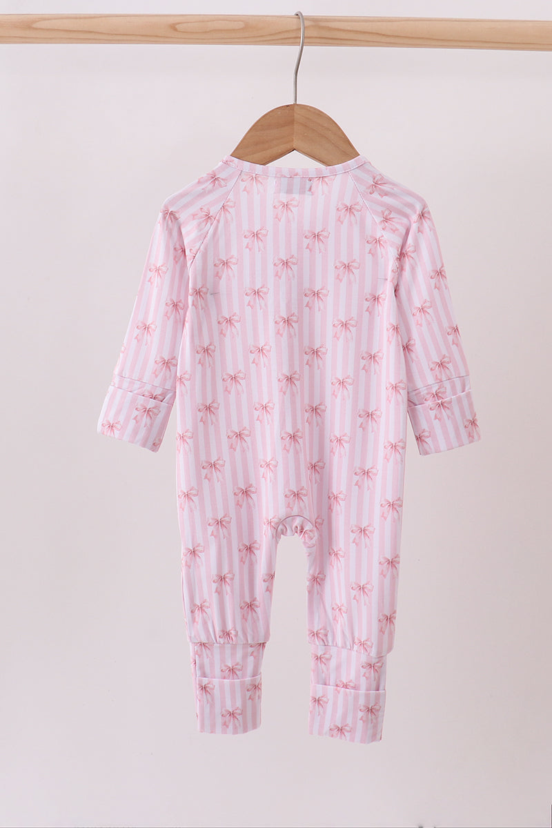 Premium Blush Bow Stripe Bamboo Romper